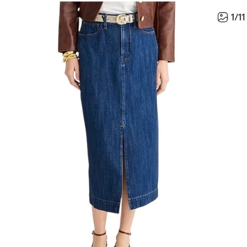 J.Crew Denim Front Slit Midi Blue Jean Skirt 28 High Rise Dark Wash Casual Basic